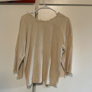 Fringed Neck & Cuff Lightweight Beige Blouse